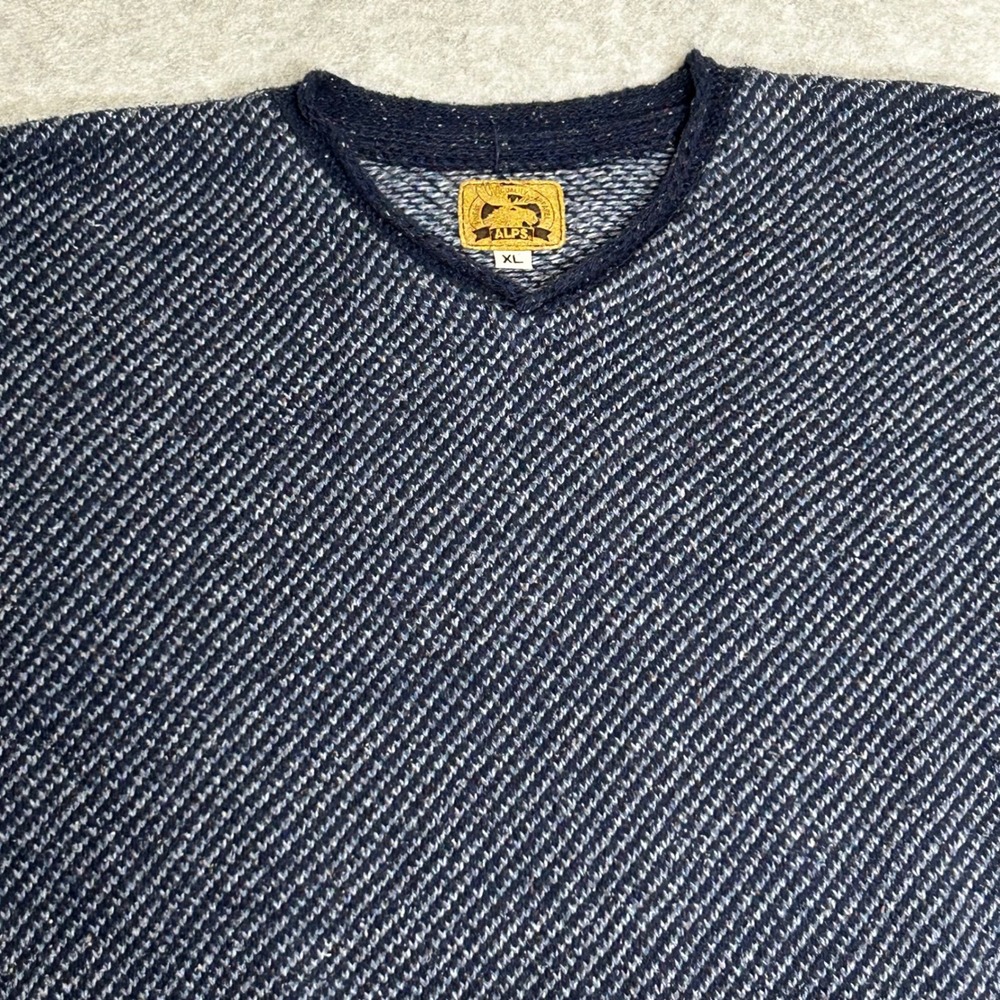VTG ALPS Mens V Neck Sweater Knit Blue Speckled Herringbone Pullover XL Made USA